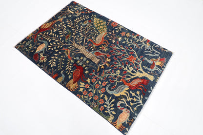 106 x 156 cm | Birds Blue Oriental Area Rug Afghan Hand Knotted Veg Dye Wool carpet - ART WOOL CARPET