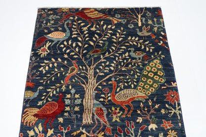 106 x 156 cm | Birds Blue Oriental Area Rug Afghan Hand Knotted Veg Dye Wool carpet - ART WOOL CARPET