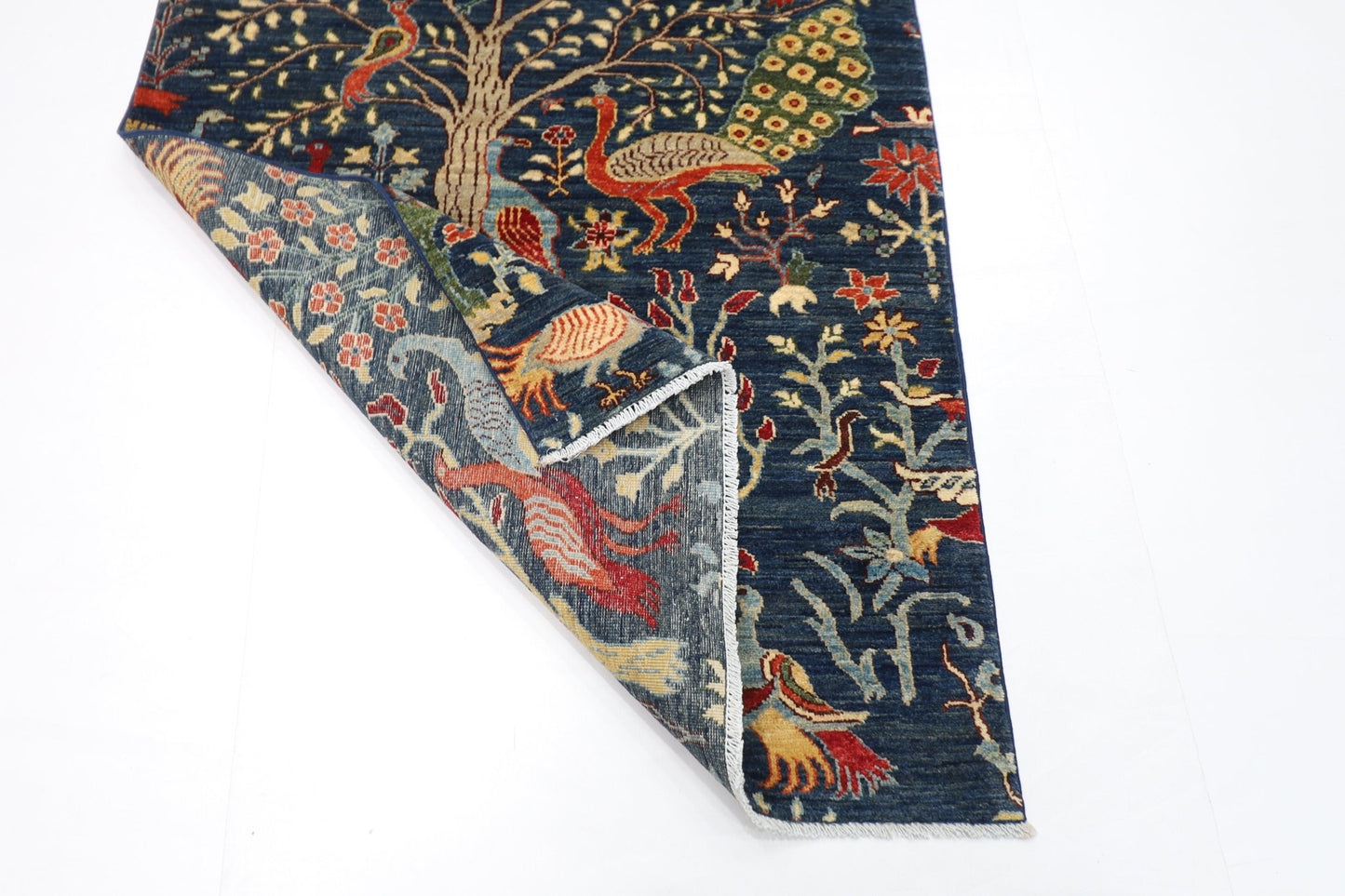 106 x 156 cm | Birds Blue Oriental Area Rug Afghan Hand Knotted Veg Dye Wool carpet - ART WOOL CARPET