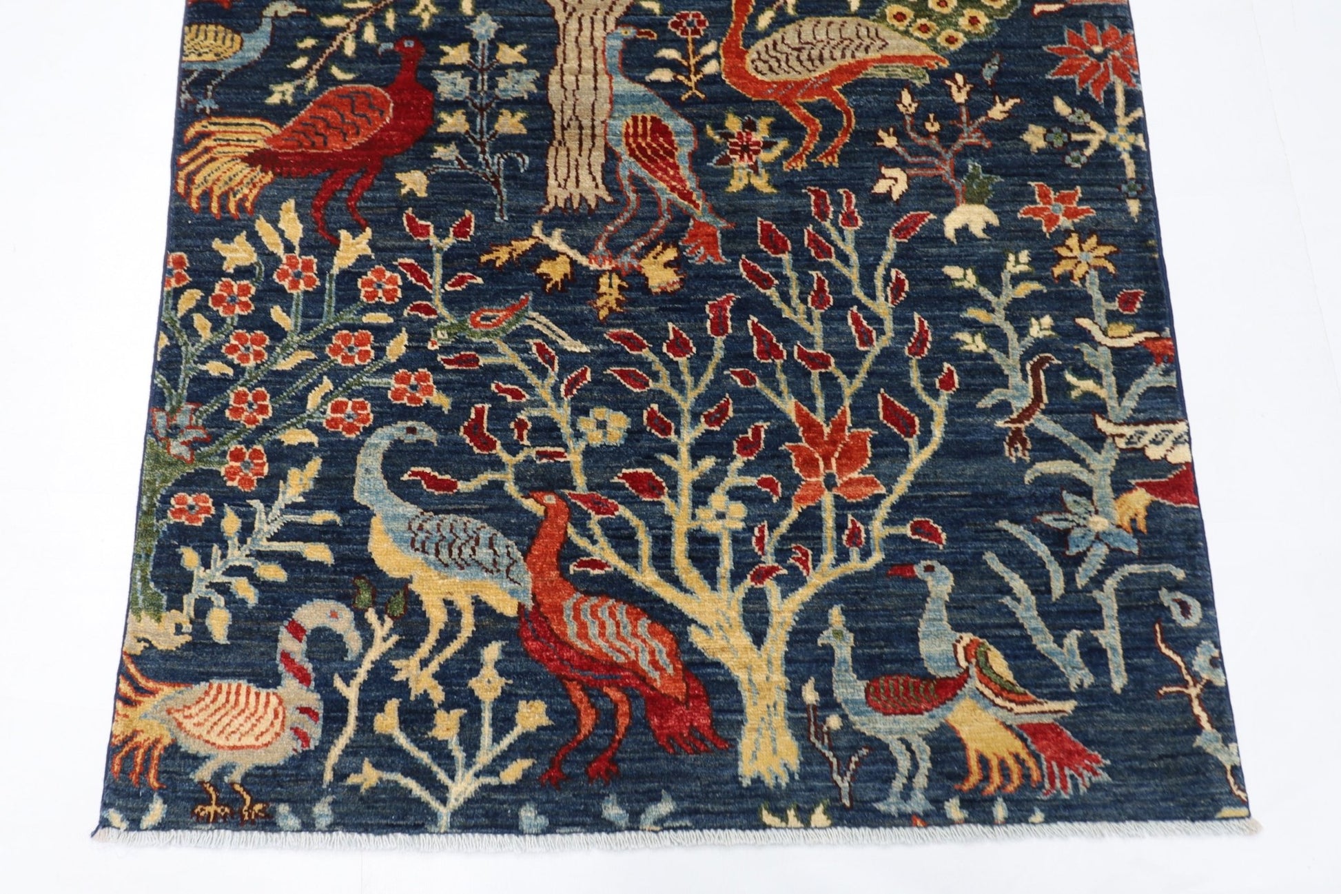 106 x 156 cm | Birds Blue Oriental Area Rug Afghan Hand Knotted Veg Dye Wool carpet - ART WOOL CARPET