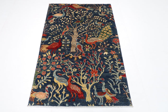 106 x 156 cm | Birds Blue Oriental Area Rug Afghan Hand Knotted Veg Dye Wool carpet