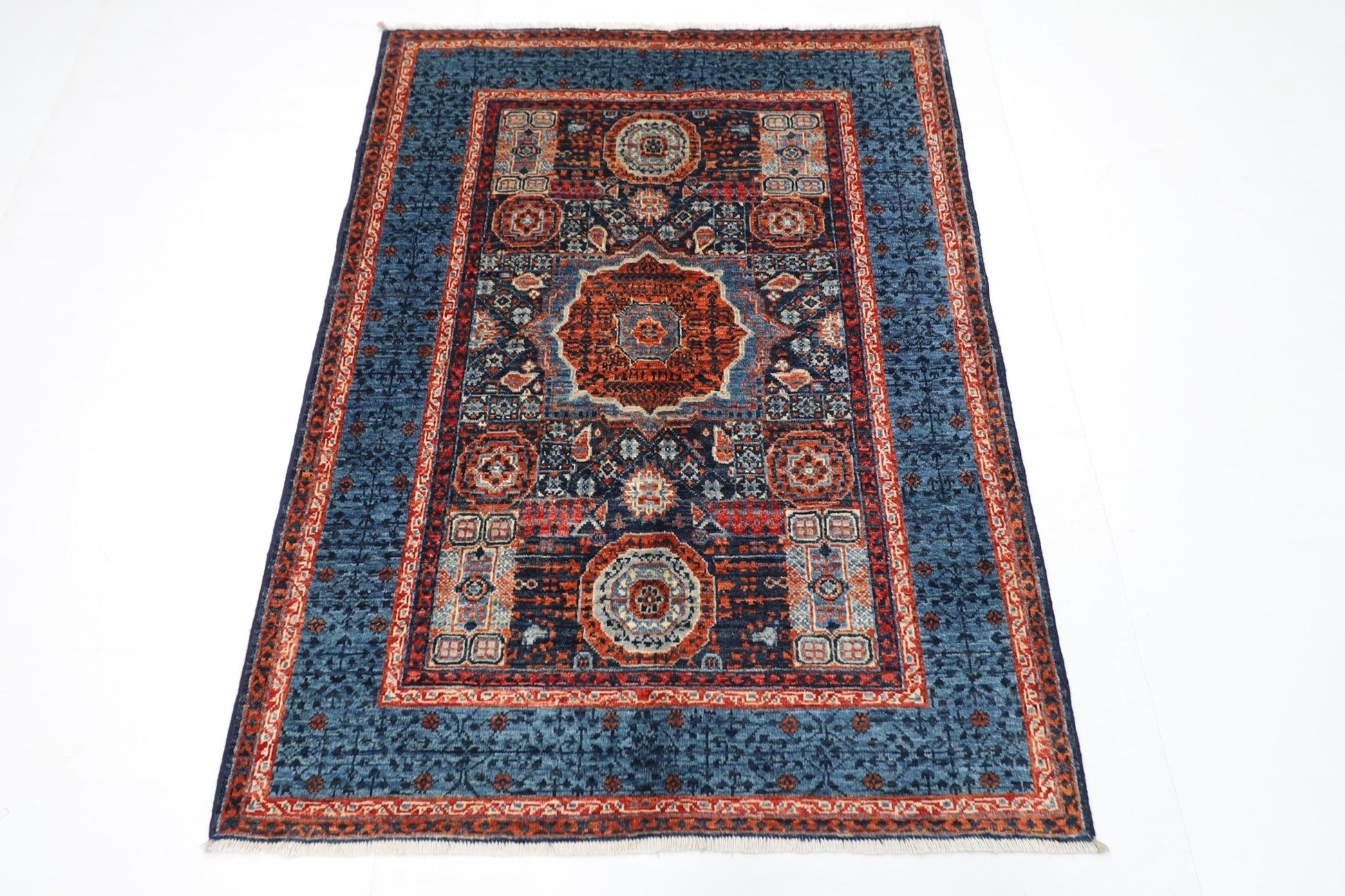 109 x 145 cm | Mamluk Blue Oriental Area Rug Afghan Hand Knotted Veg Dye Wool carpet - ART WOOL CARPET