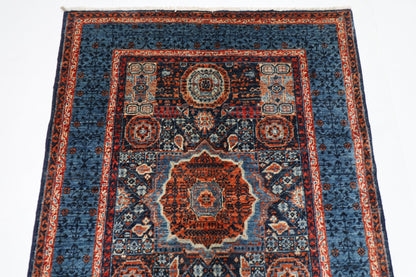 109 x 145 cm | Mamluk Blue Oriental Area Rug Afghan Hand Knotted Veg Dye Wool carpet - ART WOOL CARPET