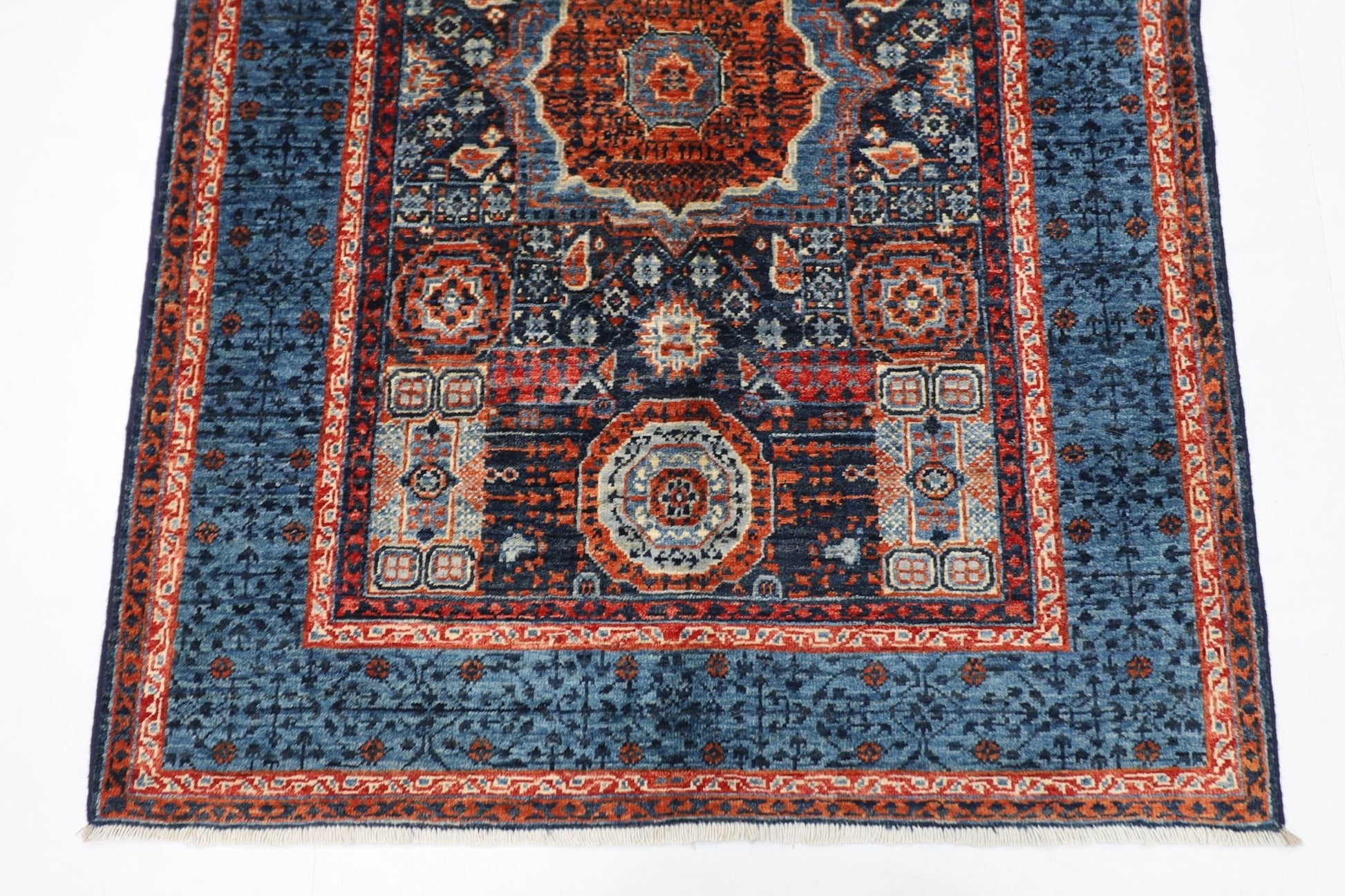 109 x 145 cm | Mamluk Blue Oriental Area Rug Afghan Hand Knotted Veg Dye Wool carpet - ART WOOL CARPET
