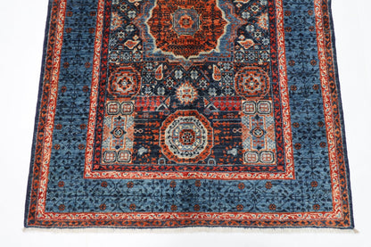 109 x 145 cm | Mamluk Blue Oriental Area Rug Afghan Hand Knotted Veg Dye Wool carpet - ART WOOL CARPET