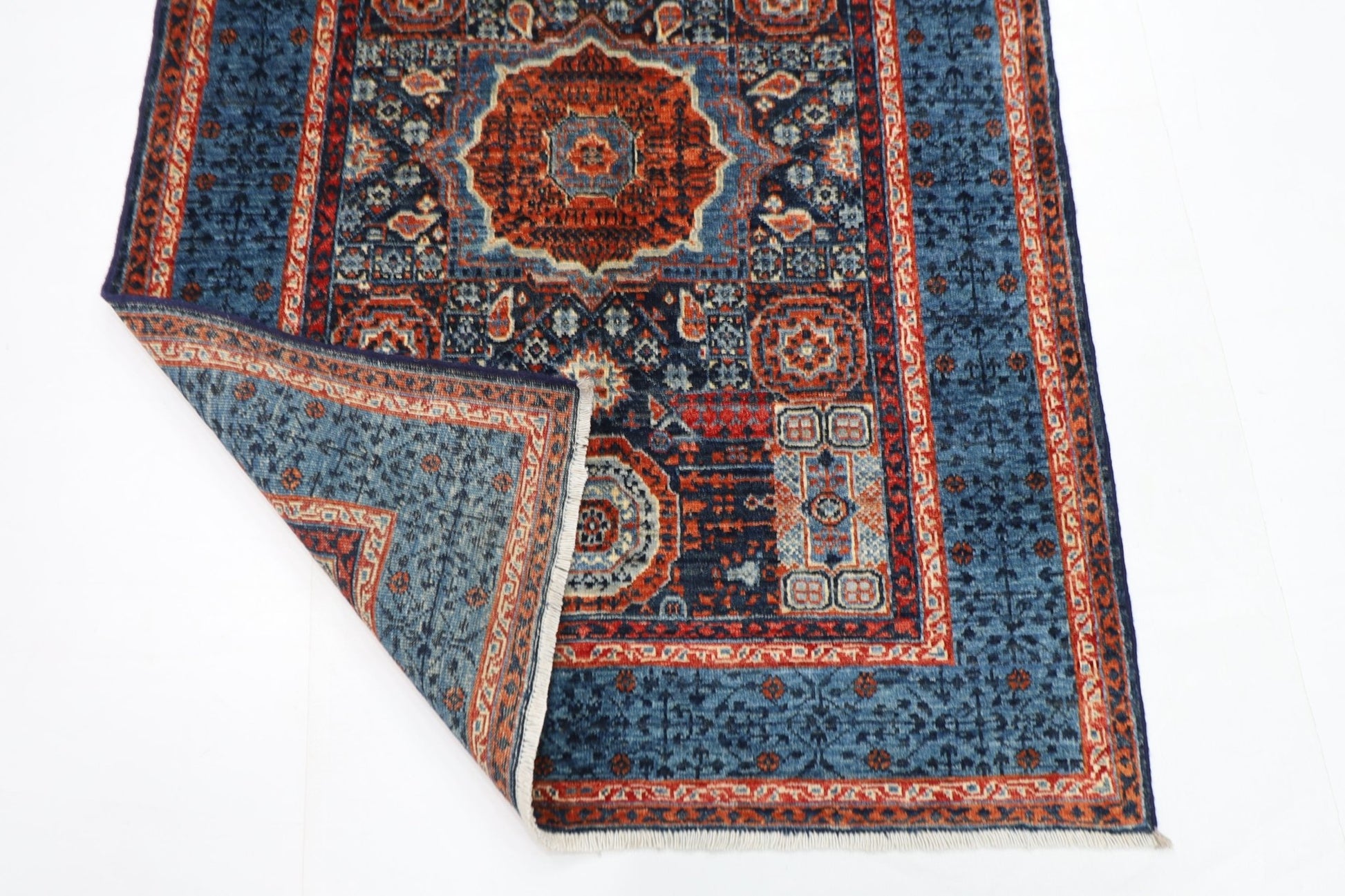 109 x 145 cm | Mamluk Blue Oriental Area Rug Afghan Hand Knotted Veg Dye Wool carpet - ART WOOL CARPET