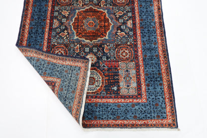 109 x 145 cm | Mamluk Blue Oriental Area Rug Afghan Hand Knotted Veg Dye Wool carpet - ART WOOL CARPET