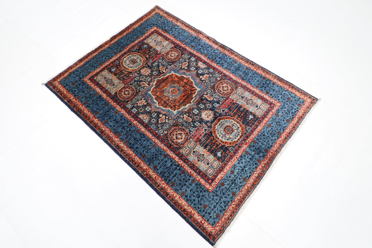 109 x 145 cm | Mamluk Blue Oriental Area Rug Afghan Hand Knotted Veg Dye Wool carpet - ART WOOL CARPET