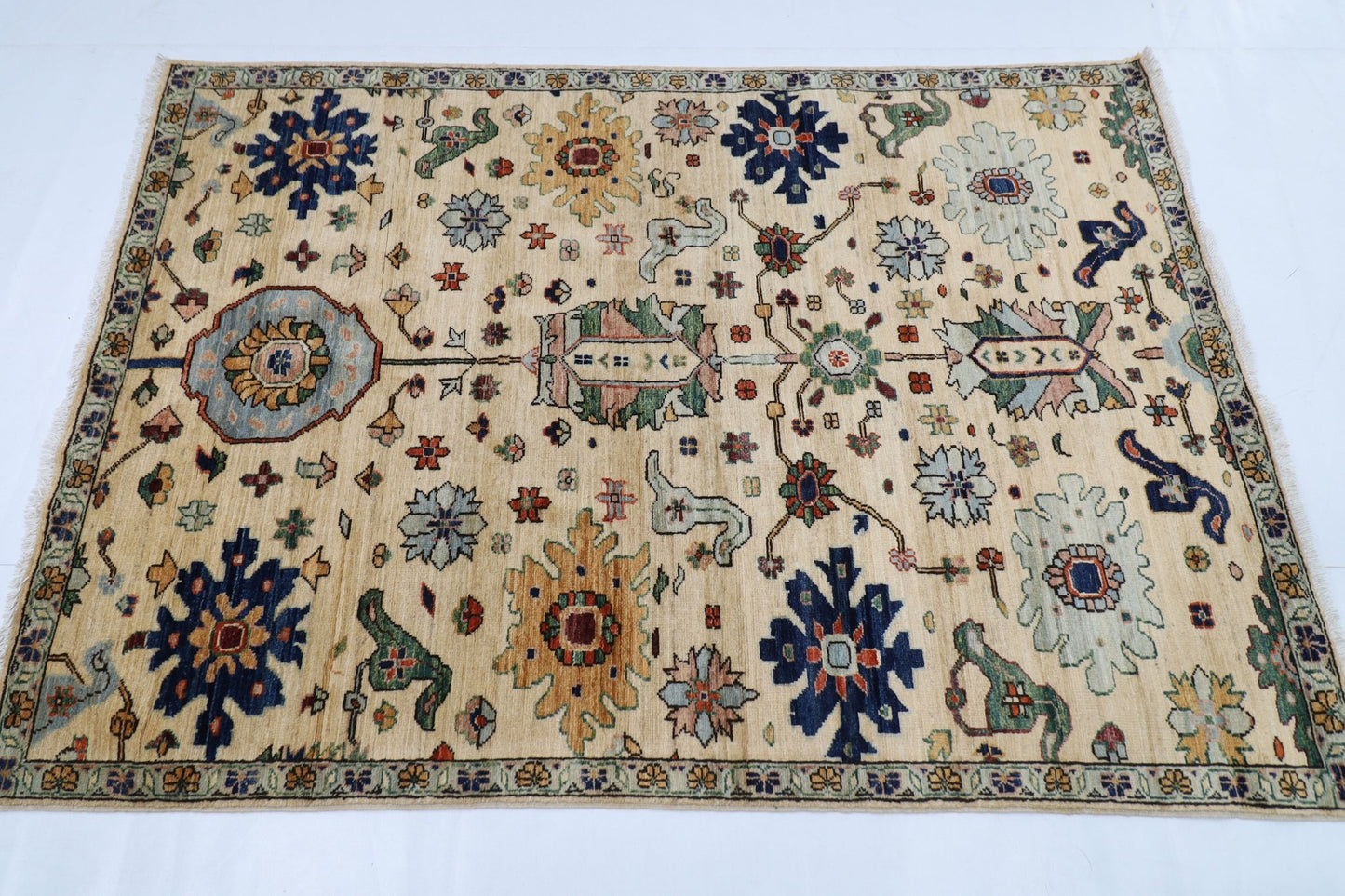 126 x 182 cm | Floral Beige Area Rug Afghan Hand Knotted veg Dye Wool carpet - ART WOOL CARPET