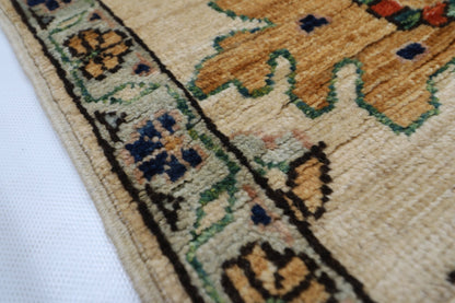 126 x 182 cm | Floral Beige Area Rug Afghan Hand Knotted veg Dye Wool carpet - ART WOOL CARPET