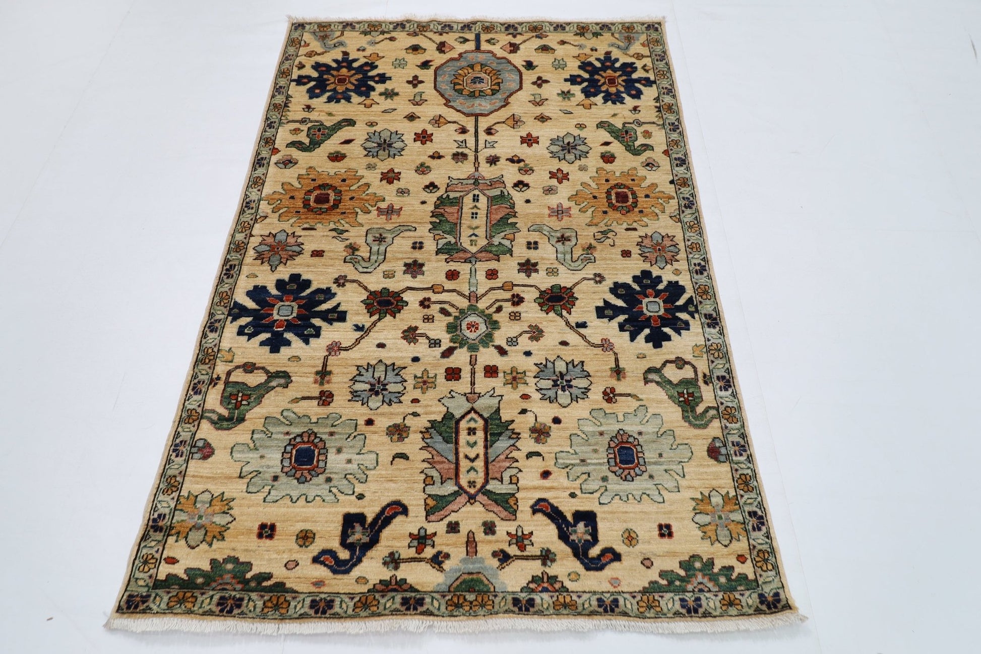 126 x 182 cm | Floral Beige Area Rug Afghan Hand Knotted veg Dye Wool carpet - ART WOOL CARPET