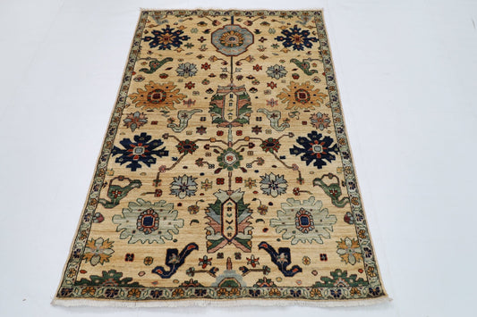 126 x 182 cm | Floral Beige Area Rug Afghan Hand Knotted veg Dye Wool carpet - ART WOOL CARPET