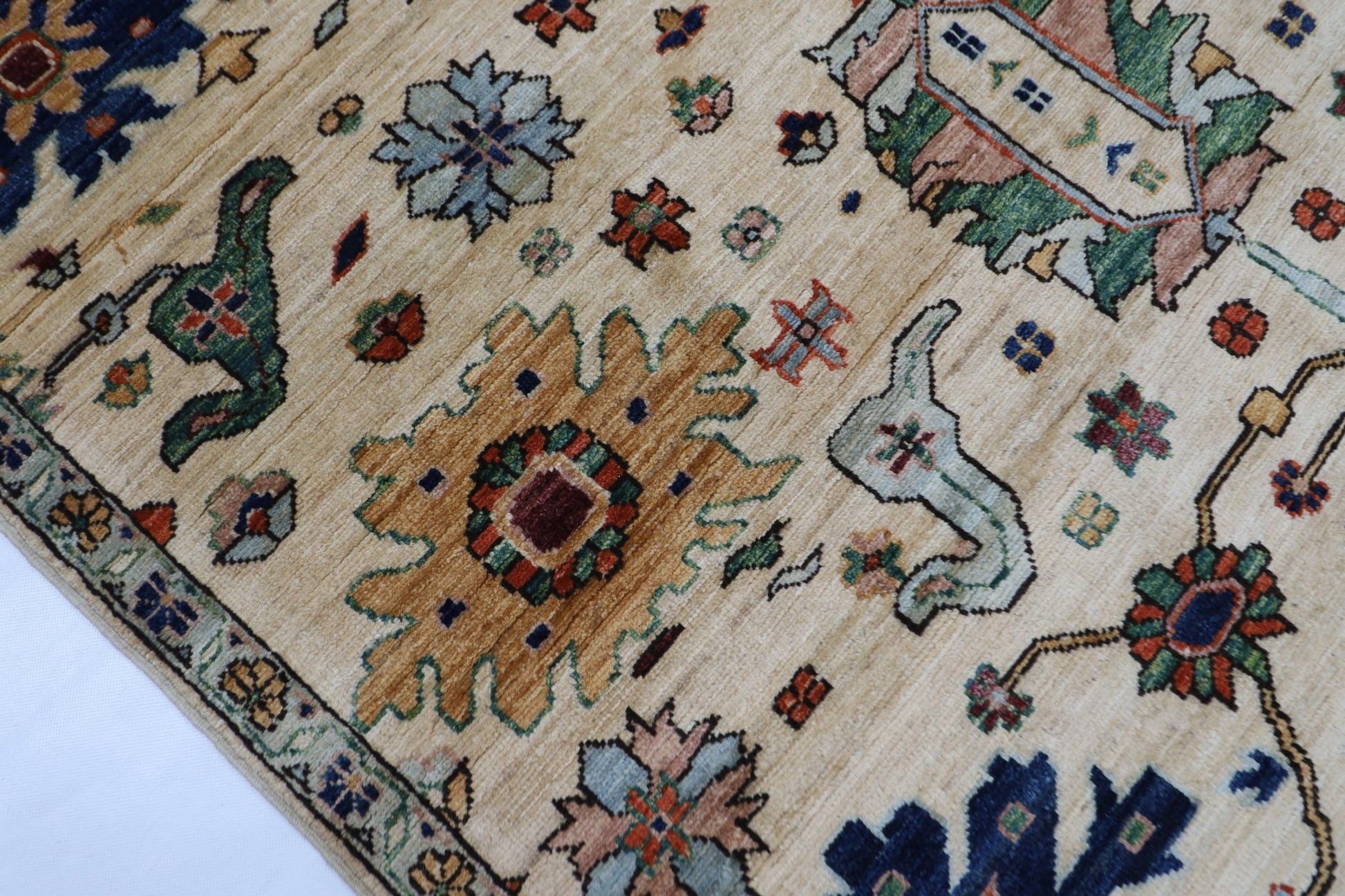 126 x 182 cm | Floral Beige Area Rug Afghan Hand Knotted veg Dye Wool carpet - ART WOOL CARPET