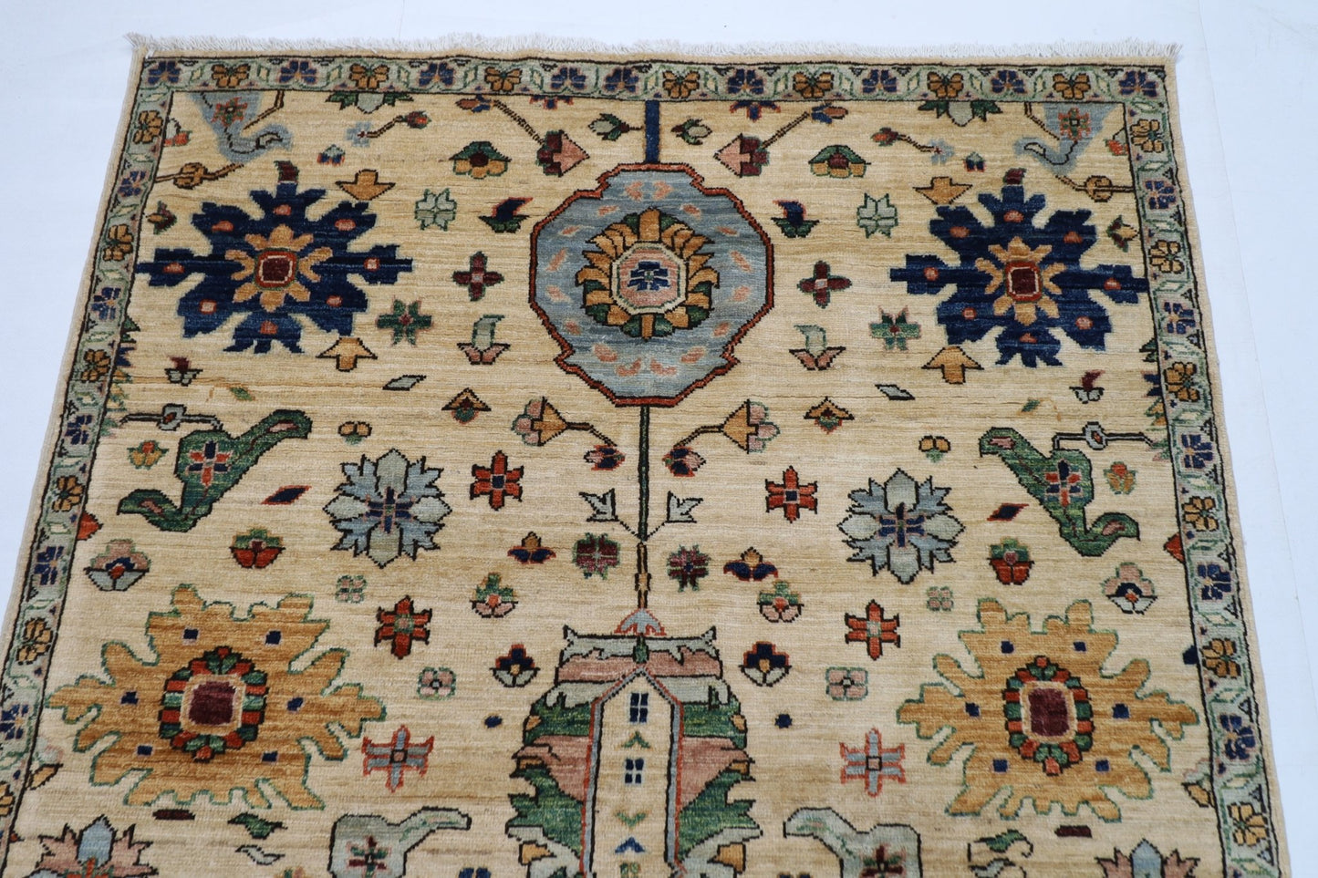 126 x 182 cm | Floral Beige Area Rug Afghan Hand Knotted veg Dye Wool carpet - ART WOOL CARPET