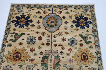 126 x 182 cm | Floral Beige Area Rug Afghan Hand Knotted veg Dye Wool carpet - ART WOOL CARPET