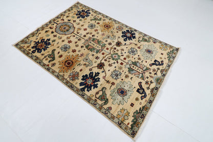 126 x 182 cm | Floral Beige Area Rug Afghan Hand Knotted veg Dye Wool carpet - ART WOOL CARPET