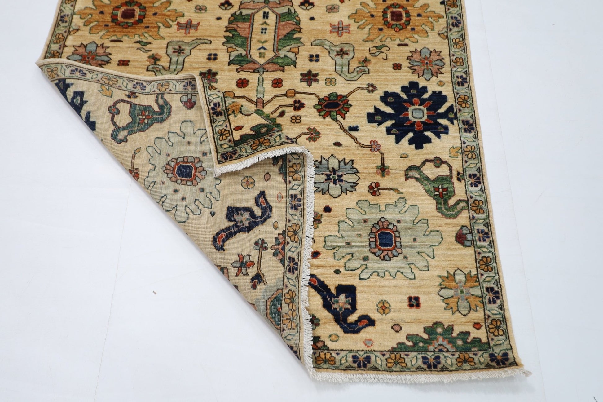 126 x 182 cm | Floral Beige Area Rug Afghan Hand Knotted veg Dye Wool carpet - ART WOOL CARPET