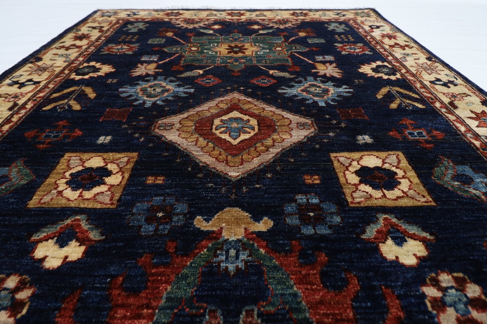 130 x 188 cm | Oriental Blue Area Rug Afghan Hand Knotted Veg Dye Wool carpet - ART WOOL CARPET