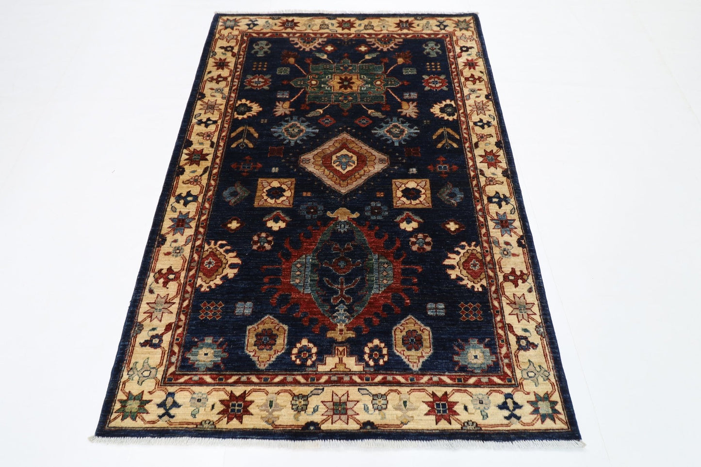 130 x 188 cm | Oriental Blue Area Rug Afghan Hand Knotted Veg Dye Wool carpet - ART WOOL CARPET