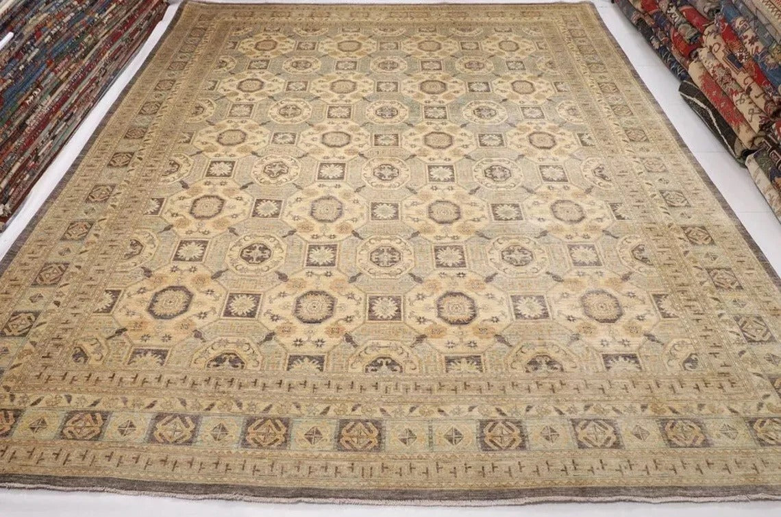 378 x 477 cm | Beige Afghan Handmade Large Size Area Rug Hand Knotted Carpet Living Room Rug