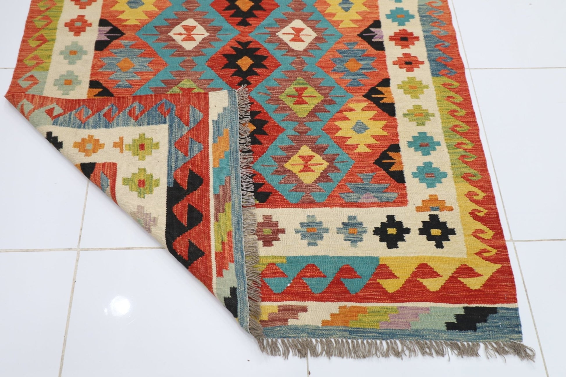 146 x 204 cm | Multicolor Wool Kilim Area Traditional Hand Woven Oriental Carpet - ART WOOL CARPET