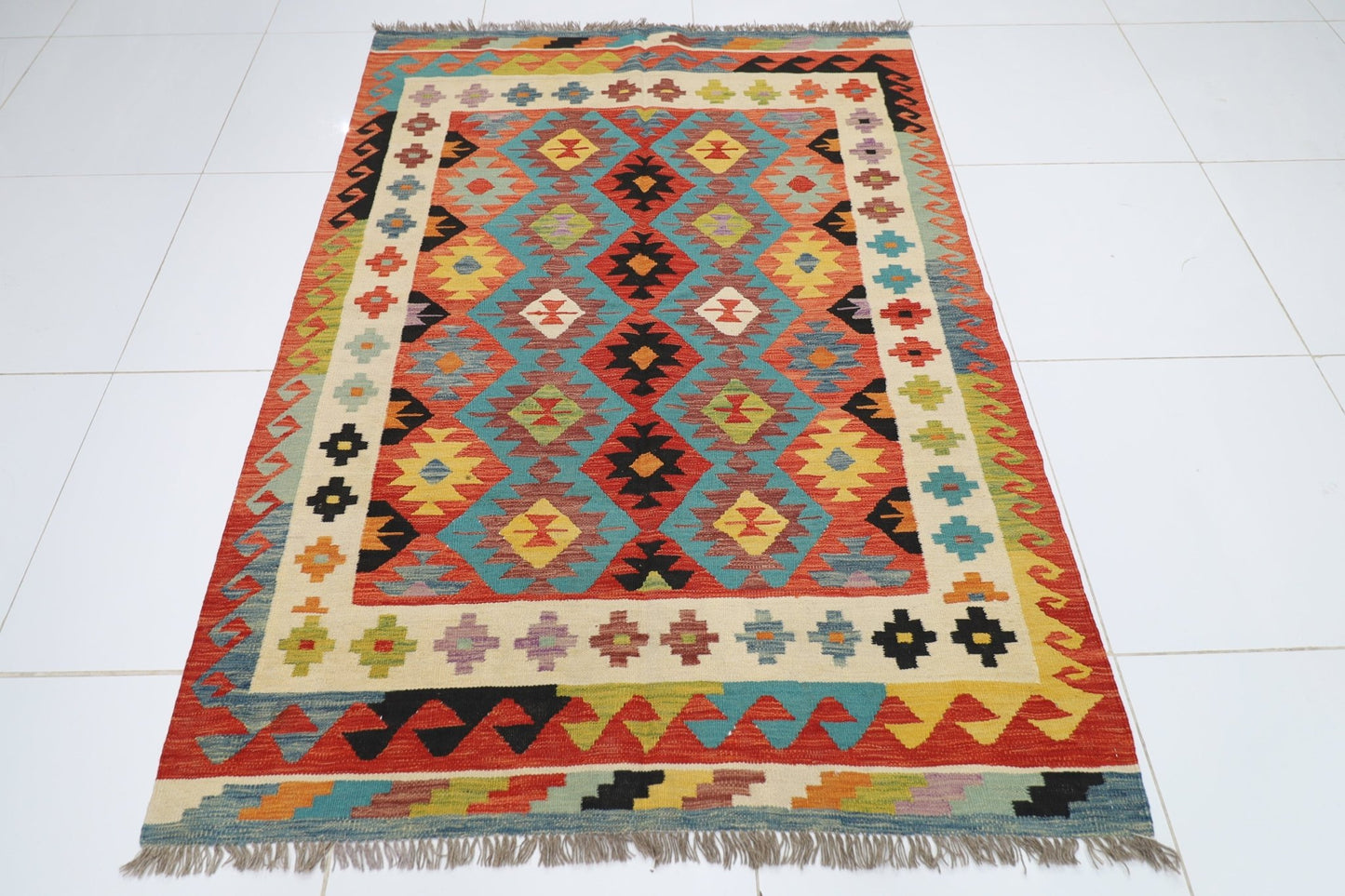146 x 204 cm | Multicolor Wool Kilim Area Traditional Hand Woven Oriental Carpet - ART WOOL CARPET