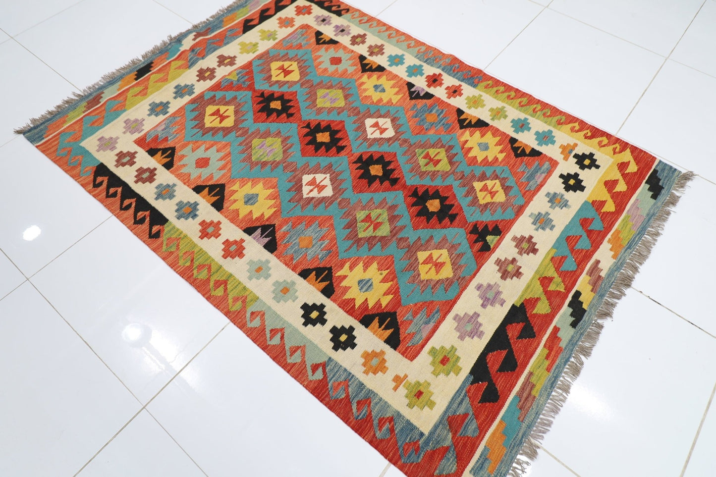 146 x 204 cm | Multicolor Wool Kilim Area Traditional Hand Woven Oriental Carpet - ART WOOL CARPET