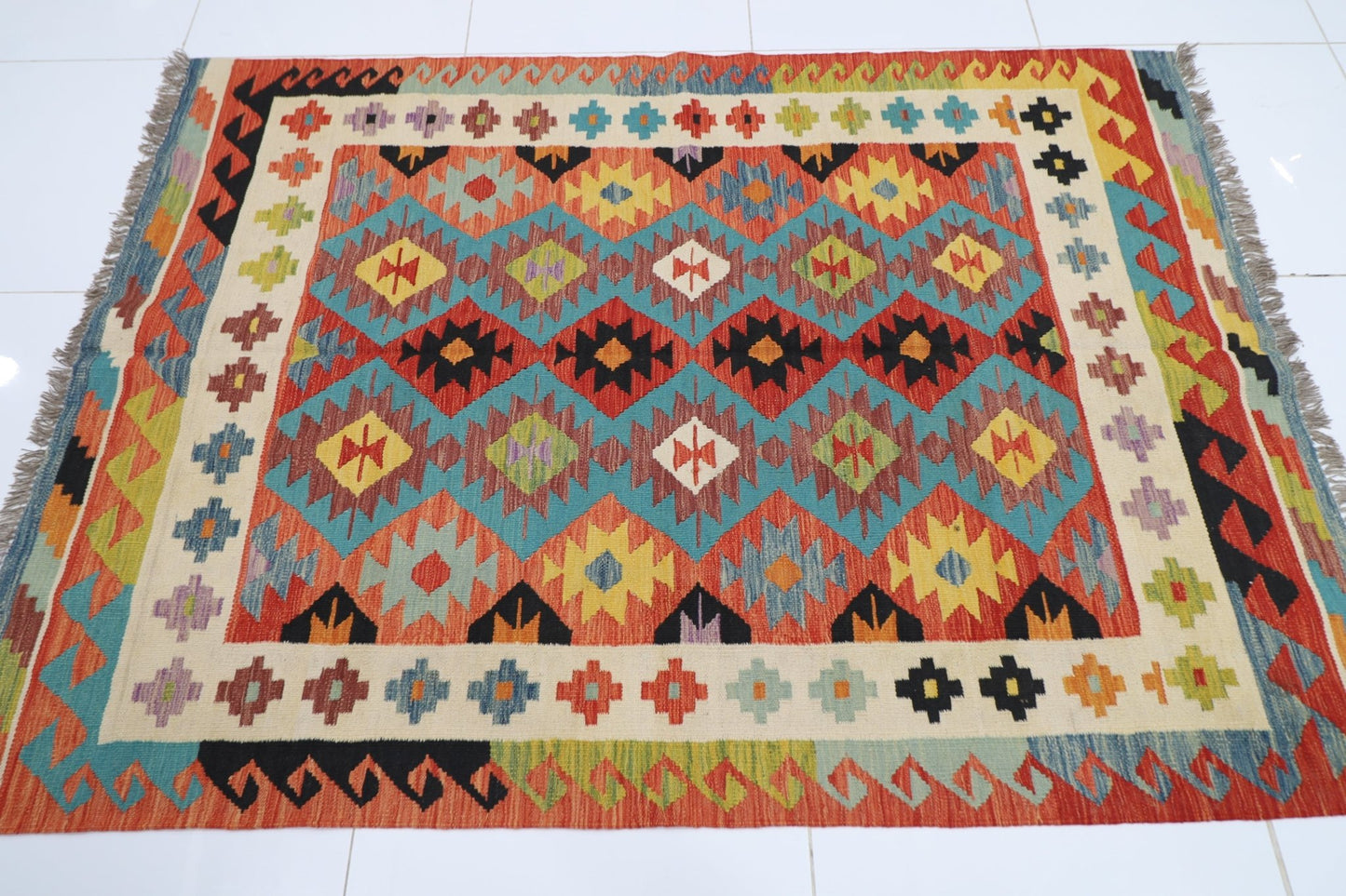 146 x 204 cm | Multicolor Wool Kilim Area Traditional Hand Woven Oriental Carpet - ART WOOL CARPET