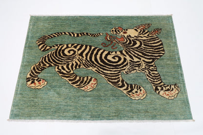 147 x 102 cm | Tiger Oriental Area Rug Afghan Hand Knotted Veg Dye Wool carpet - ART WOOL CARPET