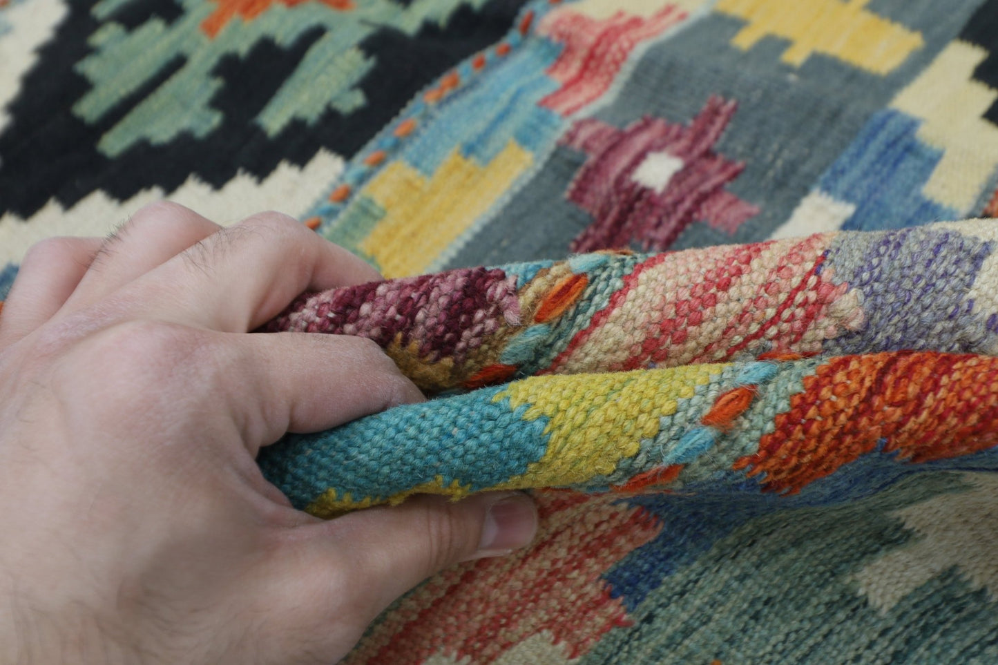 149 x 193 cm | Multicolor Wool Kilim Area Traditional Hand Woven Oriental Carpet - ART WOOL CARPET