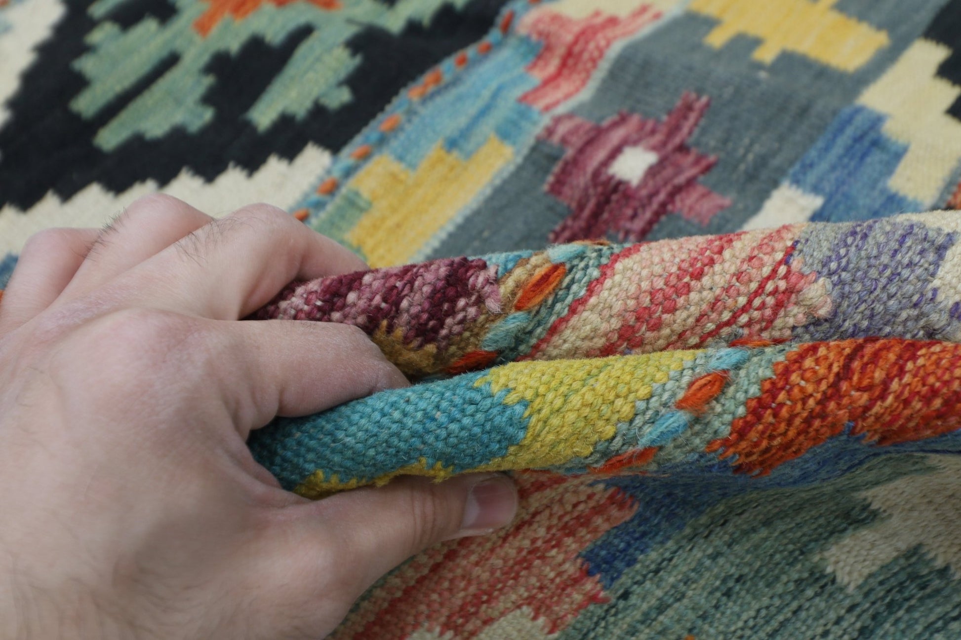 149 x 193 cm | Multicolor Wool Kilim Area Traditional Hand Woven Oriental Carpet - ART WOOL CARPET