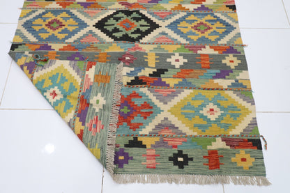 149 x 193 cm | Multicolor Wool Kilim Area Traditional Hand Woven Oriental Carpet - ART WOOL CARPET