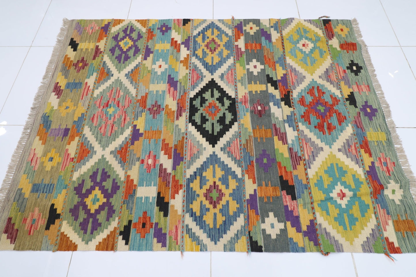 149 x 193 cm | Multicolor Wool Kilim Area Traditional Hand Woven Oriental Carpet - ART WOOL CARPET