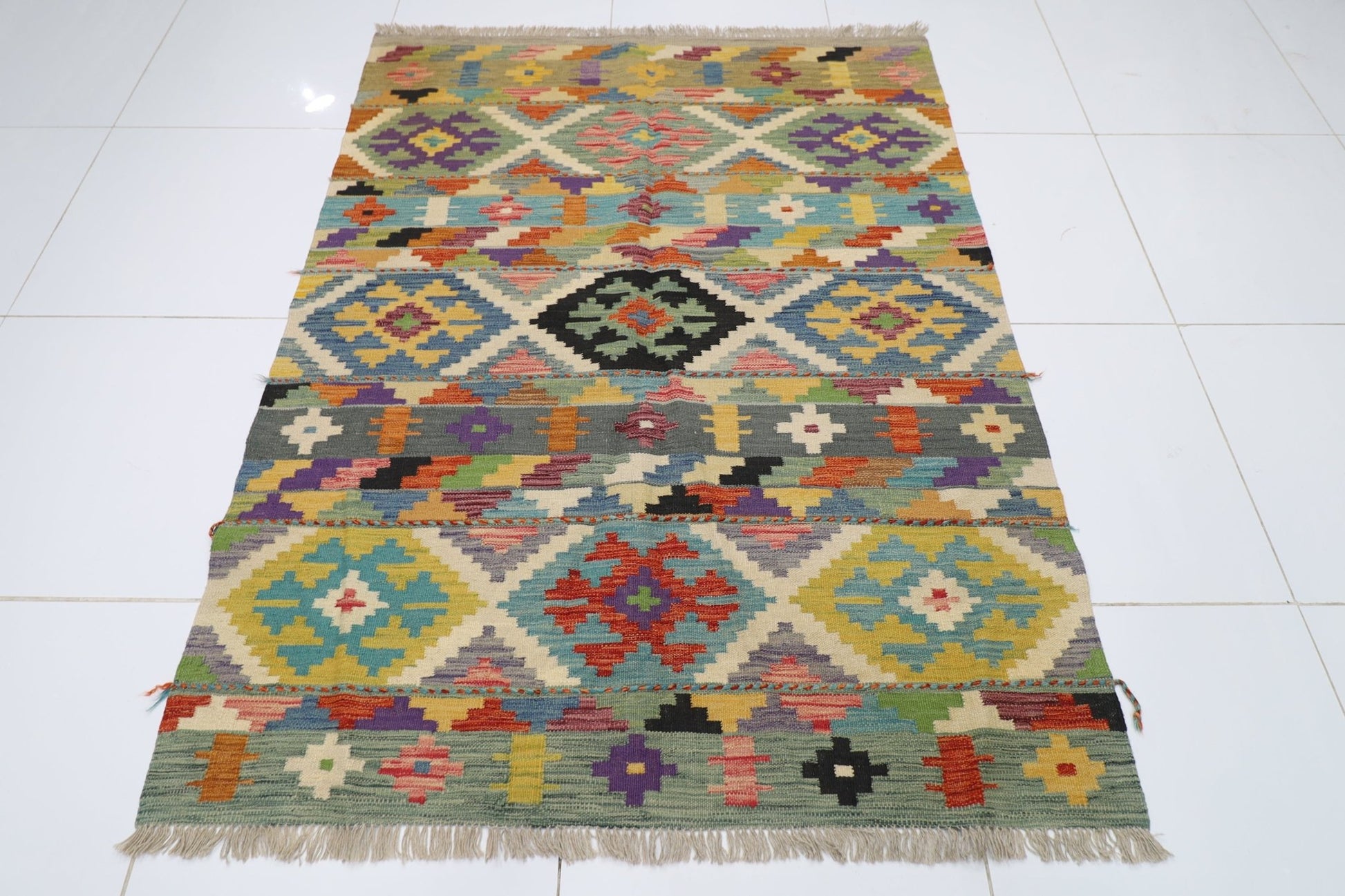 149 x 193 cm | Multicolor Wool Kilim Area Traditional Hand Woven Oriental Carpet - ART WOOL CARPET