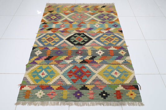 149 x 193 cm | Multicolor Wool Kilim Area Traditional Hand Woven Oriental Carpet - ART WOOL CARPET