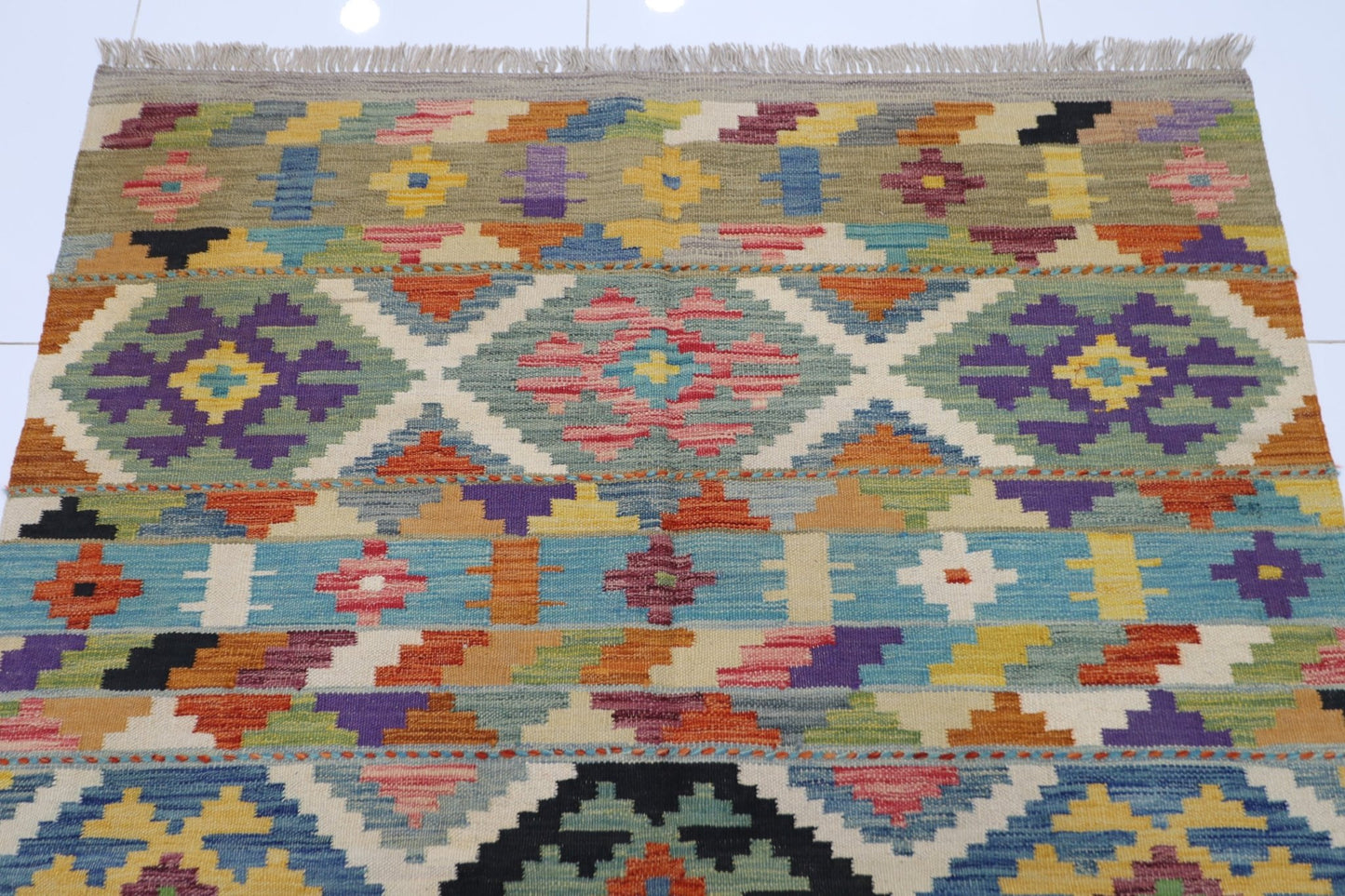149 x 193 cm | Multicolor Wool Kilim Area Traditional Hand Woven Oriental Carpet - ART WOOL CARPET