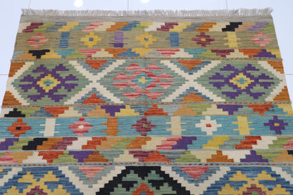 149 x 193 cm | Multicolor Wool Kilim Area Traditional Hand Woven Oriental Carpet - ART WOOL CARPET