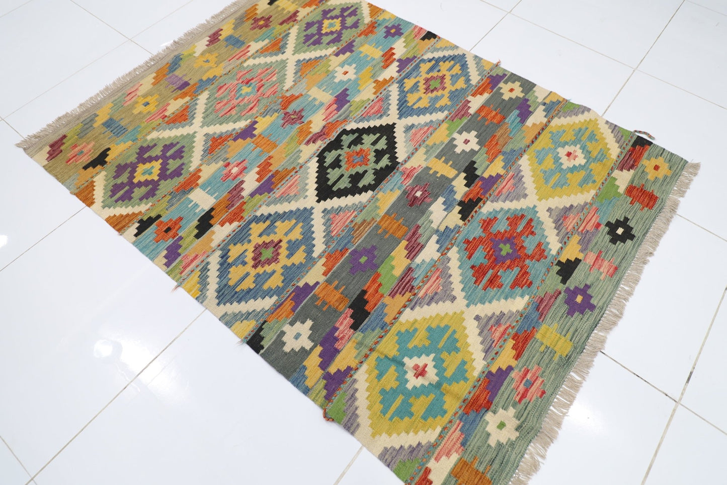149 x 193 cm | Multicolor Wool Kilim Area Traditional Hand Woven Oriental Carpet - ART WOOL CARPET