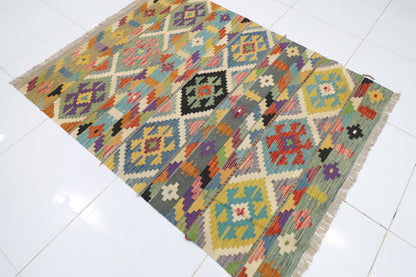 149 x 193 cm | Multicolor Wool Kilim Area Traditional Hand Woven Oriental Carpet - ART WOOL CARPET