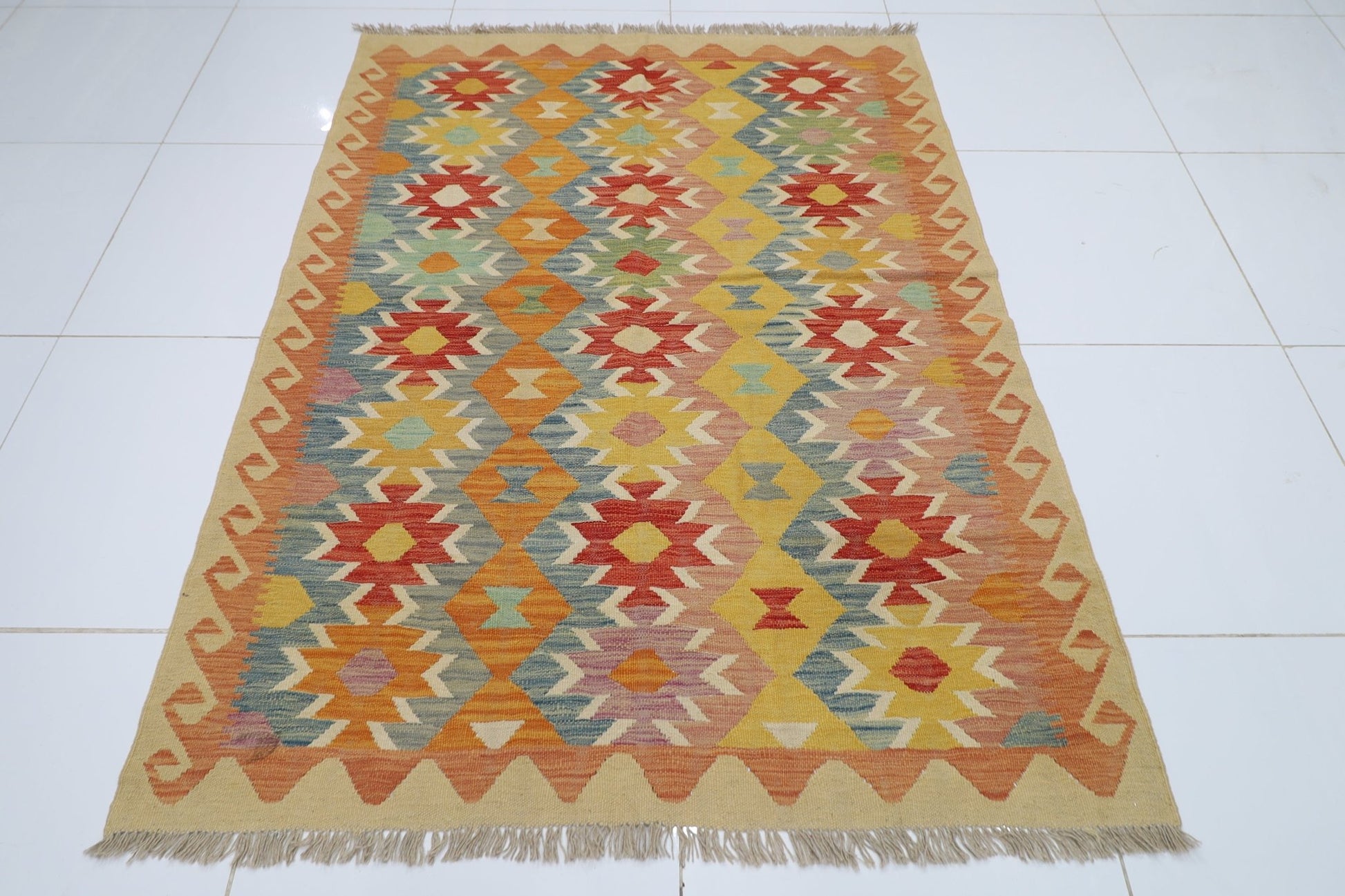 149 x 197 cm | Multicolor Wool Kilim Area Traditional Hand Woven Oriental Carpet - ART WOOL CARPET