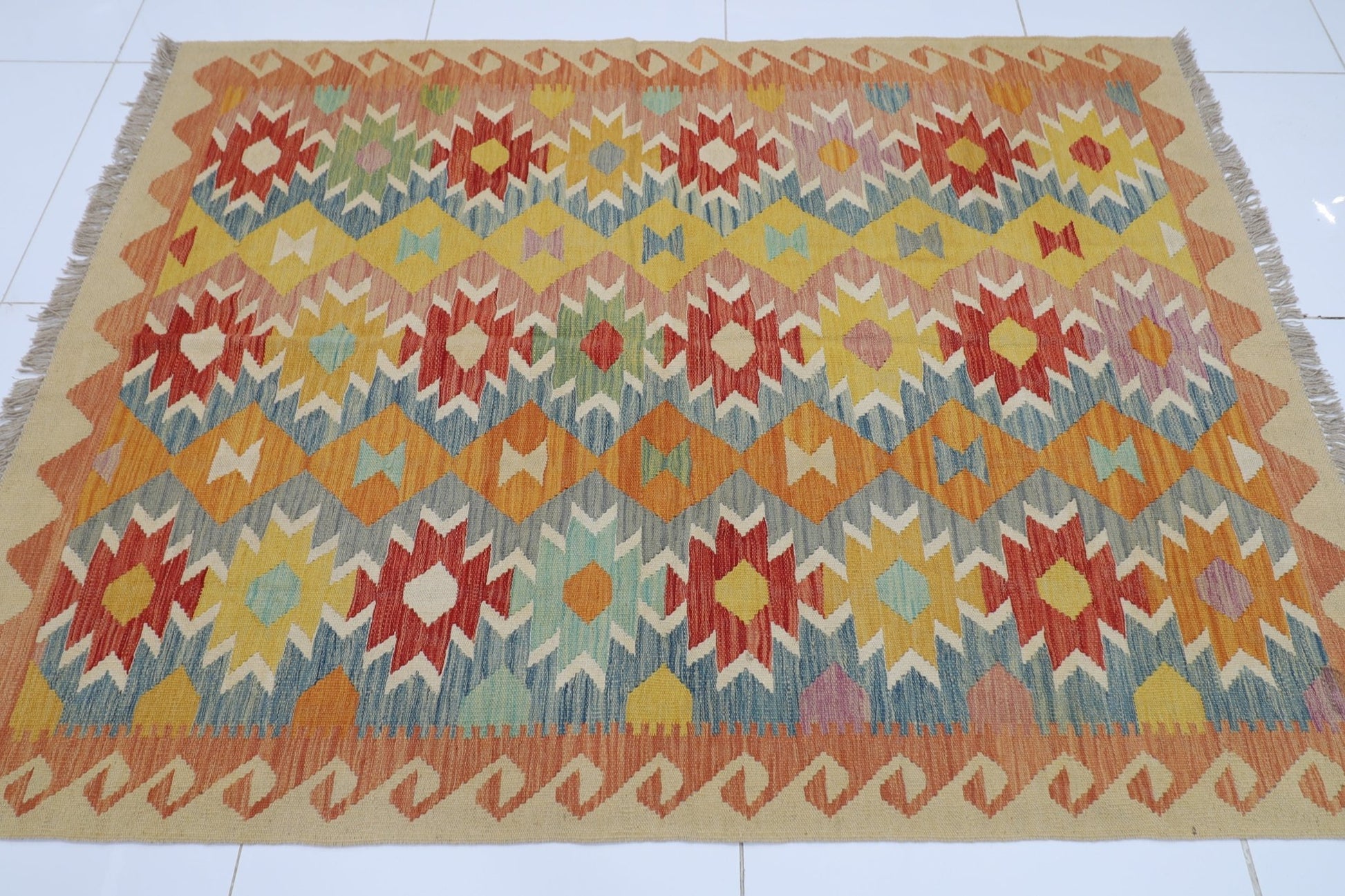 149 x 197 cm | Multicolor Wool Kilim Area Traditional Hand Woven Oriental Carpet - ART WOOL CARPET