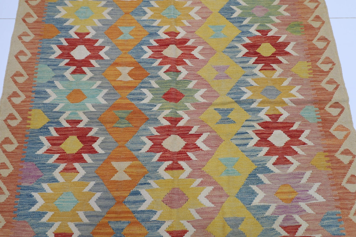 149 x 197 cm | Multicolor Wool Kilim Area Traditional Hand Woven Oriental Carpet - ART WOOL CARPET