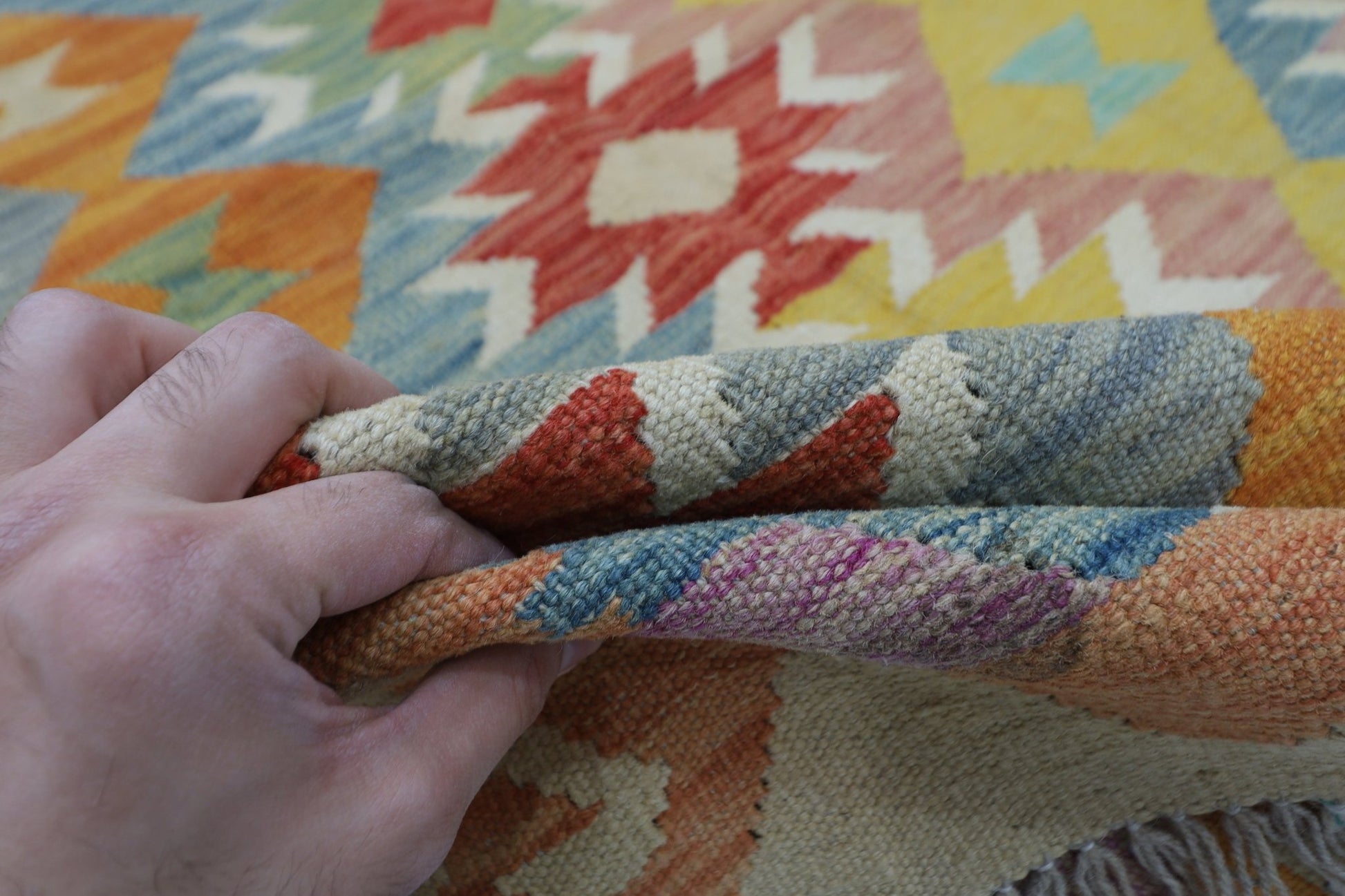 149 x 197 cm | Multicolor Wool Kilim Area Traditional Hand Woven Oriental Carpet - ART WOOL CARPET