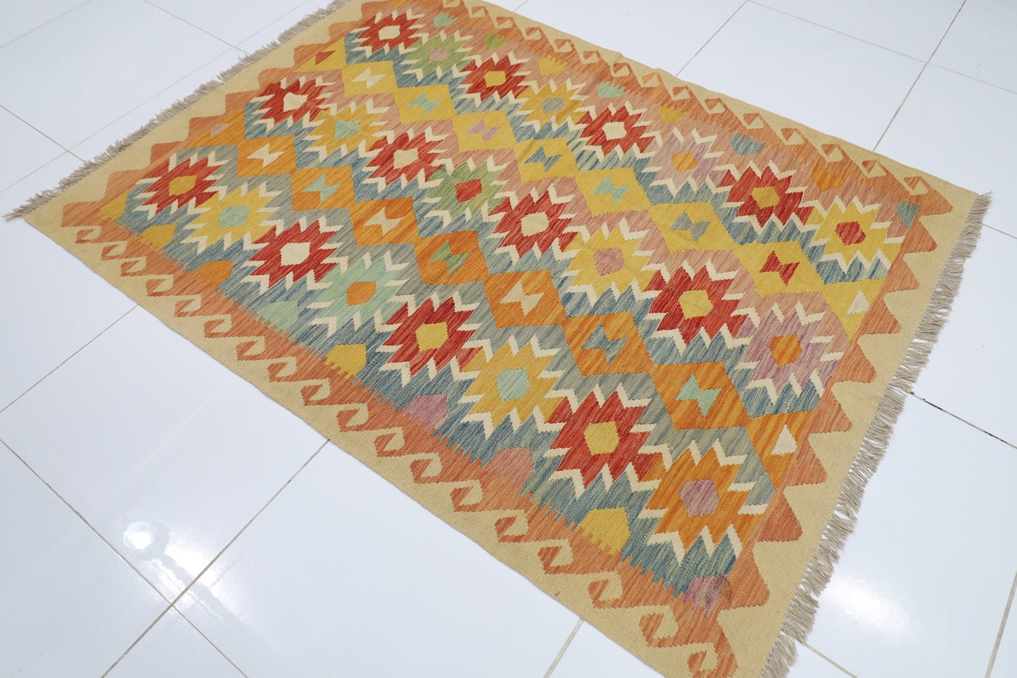 149 x 197 cm | Multicolor Wool Kilim Area Traditional Hand Woven Oriental Carpet - ART WOOL CARPET