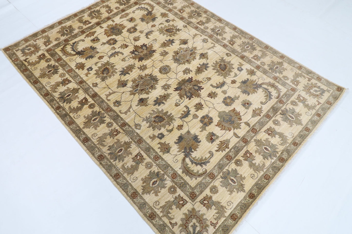 149 x 197 cm | Oriental Floral beige Area Rug Afghan Hand Knotted Veg Dye Wool carpet - ART WOOL CARPET