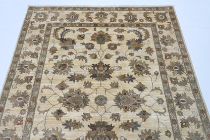 149 x 197 cm | Oriental Floral beige Area Rug Afghan Hand Knotted Veg Dye Wool carpet - ART WOOL CARPET
