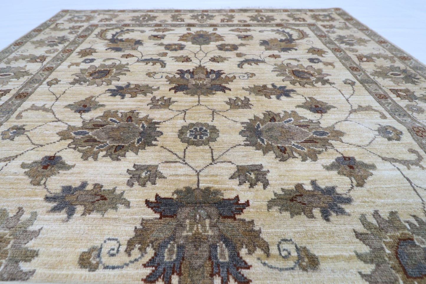 149 x 197 cm | Oriental Floral beige Area Rug Afghan Hand Knotted Veg Dye Wool carpet - ART WOOL CARPET