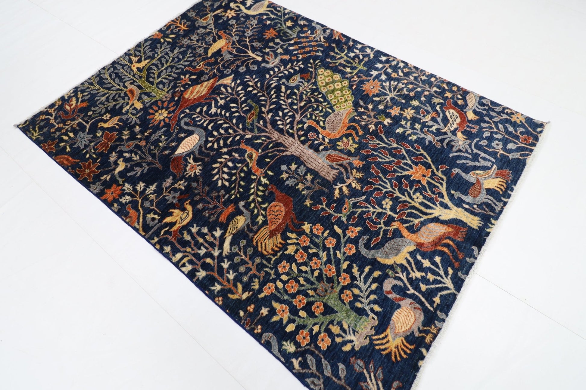 149 x 199 cm | Birds Navy Blue Area Rug Afghan Hand Knotted veg Dye Wool carpet - ART WOOL CARPET