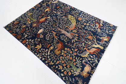 149 x 199 cm | Birds Navy Blue Area Rug Afghan Hand Knotted veg Dye Wool carpet - ART WOOL CARPET