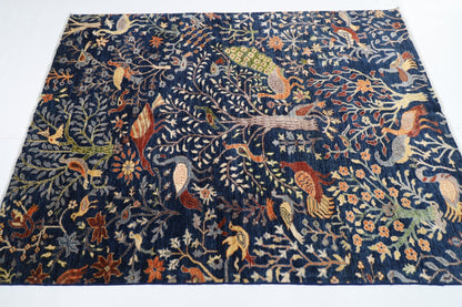 149 x 199 cm | Birds Navy Blue Area Rug Afghan Hand Knotted veg Dye Wool carpet - ART WOOL CARPET